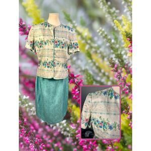 Vintage 90s Papell Petites 100% Silk Floral Sequin Beaded Blazer Skirt Set M